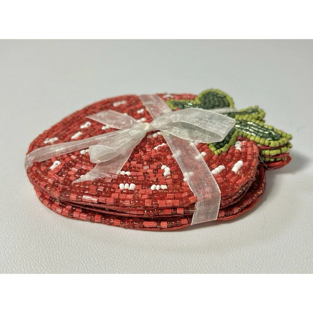 Strawberry Hand Beaded Drink Coasters Set of 4 Fruit Kitchen Cottage Decor